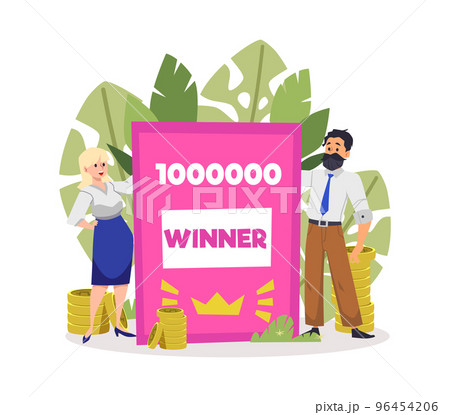 Lucky people with lottery ticket, flat vector illustration isolated on white. Lucky people with lottery ticket, flat vector illustration isolated on white. 96454206
