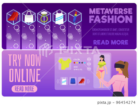Metaverse fashion and virtual fitting room banners, flat vector illustration. Metaverse fashion and virtual fitting room banners, flat vector illustration. 96454274