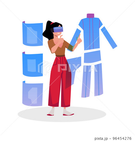 Woman having experience in 3d shopping in the metaverse, flat vector isolated. 96454276