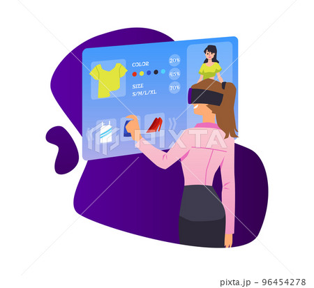 Woman fashion items outfit in the metaverse reality, flat vector isolated. 96454278