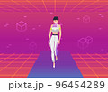 Model walks the runaway in metaverse or virtual reality, flat vector illustration. 96454289