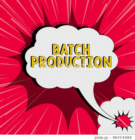 Text caption presenting Batch Production. Business overview products are manufactured in groups called batches Text caption presenting Batch Production. Business overview products are manufactured in groups called batches 96454989