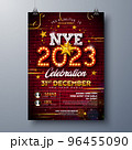 2023 New Year Party Celebration Poster Template Illustration with Lights Bulb Marquee Number and Gold Star on Brick Wall Background. Vector Holiday Premium Invitation Flyer or Promo Banner. 96455090