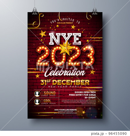 2023 New Year Party Celebration Poster Template Illustration with Lights Bulb Marquee Number and Gold Star on Brick Wall Background. Vector Holiday Premium Invitation Flyer or Promo Banner. 96455090