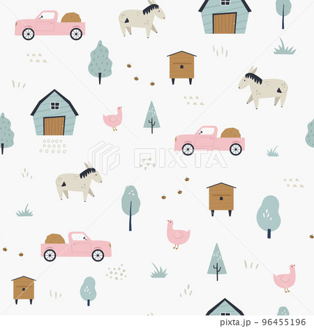 Seamless pattern with cute farm scenery - barn, funny animals, trees, truck 96455196