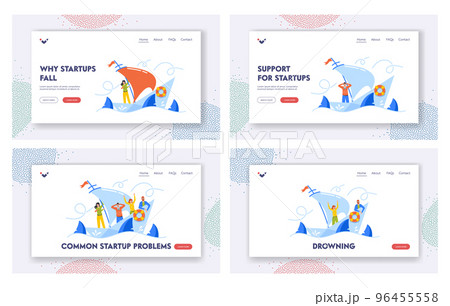 Business Mistake, Hopeless Situation Landing Page Template Set. Frightened Businesspeople Shipwreck on Paper Boat 96455558