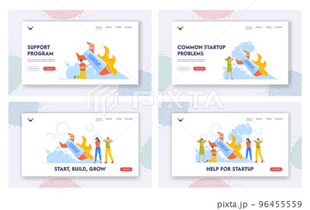 Startup Crash, Business Failure Management Landing Page Template Set. Businesswoman Stand at Fallen Rocket Illustration 96455559