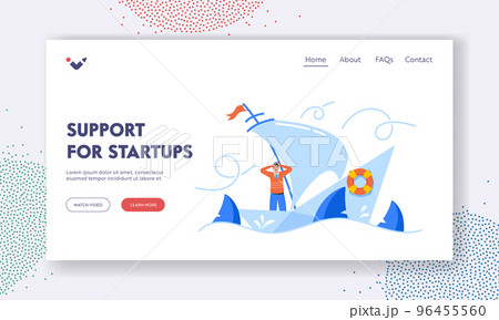 Support for Startup Landing Page Template. Business Man Shipwreck on Paper Boat. Character Drowning in Ocean 96455560