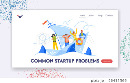 Common Startup Problem Landing Page Template. Hopeless Businesspeople Team Shipwreck on Paper Boat, Drowning in Ocean 96455566