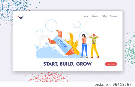 Business Failure, Crash, Misfortune Landing Page Template. Business Characters Stand at Burning Crashed Startup Rocket 96455567