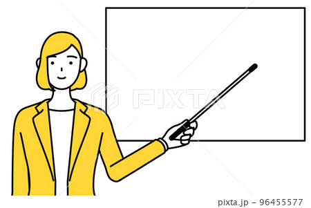ホワイトボードを指示棒で指すスーツ姿の女性のシンプルな線画イラスト 96455577