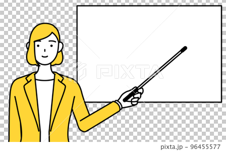 Simple line drawing illustration of a woman in a suit pointing at a whiteboard with a pointing stick 96455577
