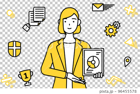 Image of DX conversion, simple line drawing illustration of a woman in a suit who uses digital technology to improve business 96455578