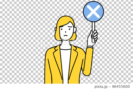 A simple line drawing illustration of a woman in a suit holding a cross stick indicating an incorrect answer A simple line drawing illustration of a woman in a suit holding a cross stick indicating an incorrect answer 96455600