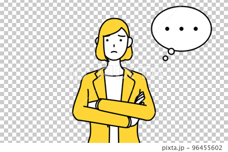 腕を組んで考えるスーツ姿の女性のシンプルな線画イラスト 96455602