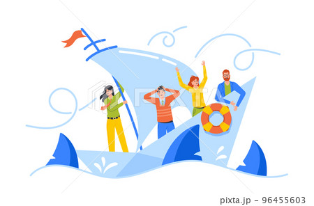 Hopeless Businesspeople Team Shipwreck on Paper Boat. Business Characters Drowning in Ocean. Business People Struggle 96455603