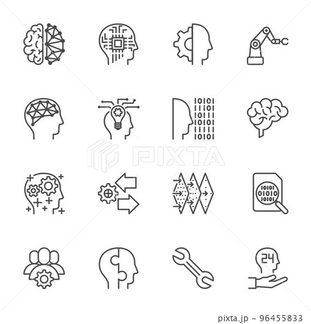 AI Artificial Intelligence technology and Machine Learning Icons, Vector thin line icons set. 96455833