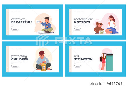 Kids In A Dangerous Situations Landing Page Template Set. Children Play With Matches, Toxic Liquids, Sharp Objects 96457034
