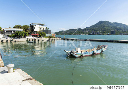 View of First Tamsui Fishing Harbor in New Taipei City, Taiwan. it's one of the attractions on the north coast and the Guanyinshan national scenic area. 96457395