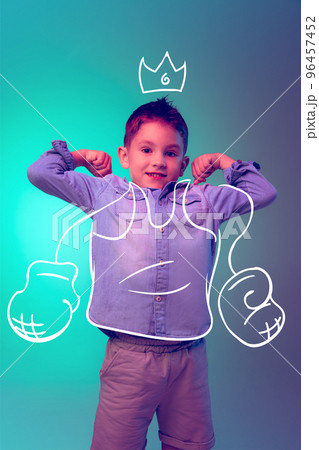 Creative design with drawn elements. Portraits of little boy, child dreaming to become famous boxer. Sportive dreams Creative design with drawn elements. Portraits of little boy, child dreaming to become famous boxer. Sportive dreams 96457452