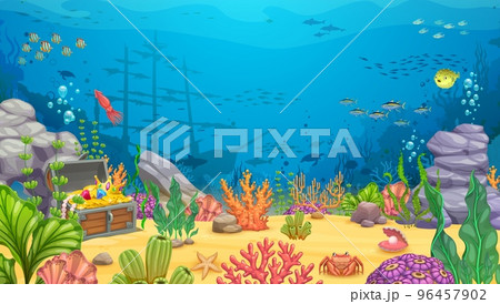 Cartoon underwater landscape with sunken frigate ship. Vector game level background with shipwreck vessel on sea bottom, treasure chest, aquatic plants, coral reef, rocks and animals. Ocean scene Cartoon underwater landscape with sunken frigate ship. Vector game level background with shipwreck vessel on sea bottom, treasure chest, aquatic plants, coral reef, rocks and animals. Ocean scene 96457902