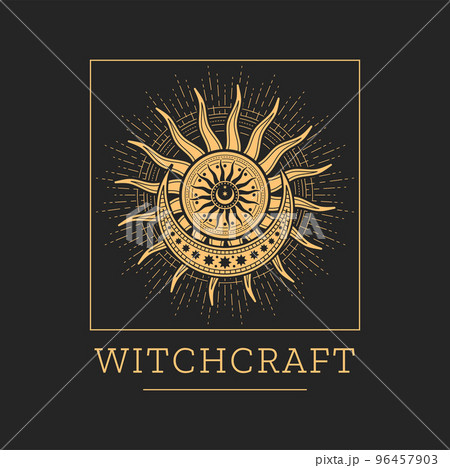 Witchcraft astrology, tarot and occultism magic icon. Esoteric astrology esoteric symbol or icon with sun, stars and crescent. Religion sacred sign, occultism emblem or tattoo, witchcraft seal 96457903
