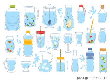 Glass and plastic water bottles and containers, drink cups and beverage jugs, vector linear icons. Glass cup of soda, beer and wine, juice pitcher, ice tea mug, whiskey carafe and mineral water bottle Glass and plastic water bottles and containers, drink cups and beverage jugs, vector linear icons. Glass cup of soda, beer and wine, juice pitcher, ice tea mug, whiskey carafe and mineral water bottle 96457918