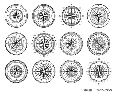 Old compass, vintage map wind rose, vector direction and navigation icons. North, south, west and east star compass symbol with arrows for travel adventure, nautical marine retro cartography wind rose Old compass, vintage map wind rose, vector direction and navigation icons. North, south, west and east star compass symbol with arrows for travel adventure, nautical marine retro cartography wind rose 96457959