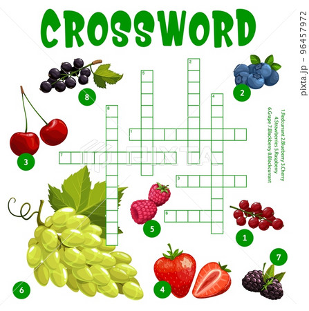Grape and garden berries crossword worksheet, find a word quiz game. Cartoon vector cross word with redcurrant, blueberry, cherry, strawberry, raspberry, blackberry, blackcurrant puzzle grid Grape and garden berries crossword worksheet, find a word quiz game. Cartoon vector cross word with redcurrant, blueberry, cherry, strawberry, raspberry, blackberry, blackcurrant puzzle grid 96457972
