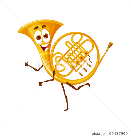 Cartoon french horn character, musical wind instrument. Isolated vector brass pipe, personage for music school, educational classes for kids or concert performance. Funny trumpet with happy smile face 96457990
