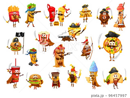 Cartoon takeaway fast food pirates and corsairs funny characters, vector personages. Fastfood snacks and drinks pirates, pizza, hot dog in tricorne, popcorn and burrito, ice cream and donut, hamburger Cartoon takeaway fast food pirates and corsairs funny characters, vector personages. Fastfood snacks and drinks pirates, pizza, hot dog in tricorne, popcorn and burrito, ice cream and donut, hamburger 96457997