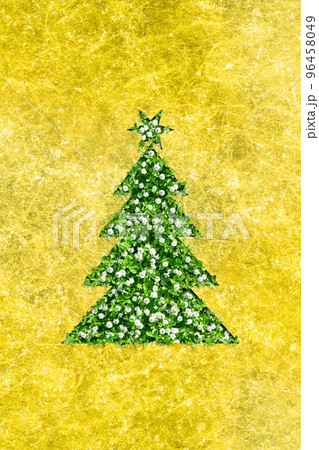 和風デザインのクリスマスツリー、金色和紙と緑の花葉 96458049