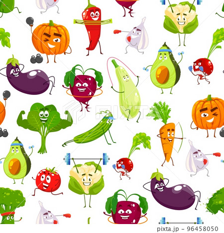 Cartoon vegetables on fitness sport, vector seamless pattern background. Funny vegetable characters, spinach muscleman and pumpkin with gym dumbbells, garlic boxing and cauliflower with barbell 96458050