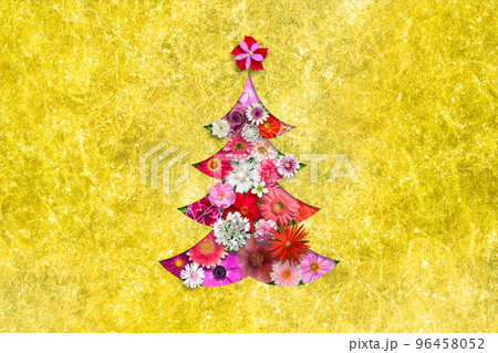 金色に輝く和紙背景のクリスマスツリー、華麗に彩るカラフルな花咲くアート 金色に輝く和紙背景のクリスマスツリー、華麗に彩るカラフルな花咲くアート 96458052