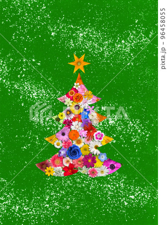 緑の和紙背景のクリスマスツリー、華麗に彩るカラフルな花咲くアート 96458055