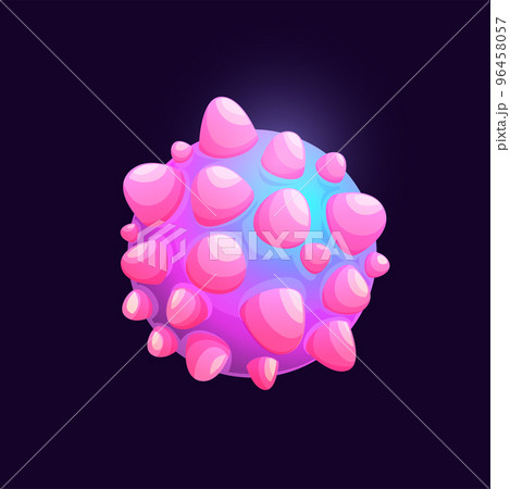 Pink galaxy space planet with volcano surface. Space sci-fi world or fantastic aliens galaxy planet with outgrowths. Game user interface cartoon planet icon, extraterrestrial living organism or cell 96458057