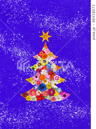 青い和紙背景のクリスマスツリー、華麗に彩るカラフルな花咲くアート 青い和紙背景のクリスマスツリー、華麗に彩るカラフルな花咲くアート 96458072
