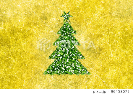 和風デザインのクリスマスツリー、金色和紙と緑の花葉 96458075