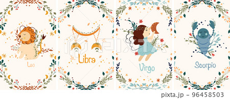 Zodiac Virgo, Scorpio, Leo, Libra with leaves, colorful flowers and stars around. Set Astrological zodiac Signs perfect for posters, logo, cards. Vector illustration 96458503