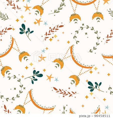 Seamless patterns with Libra, colorful leaves and stars. Astrological Libra zodiac. Bright astrological pattern can be used as textile, fabric, wallpaper, banner and other. Vector. 96458511