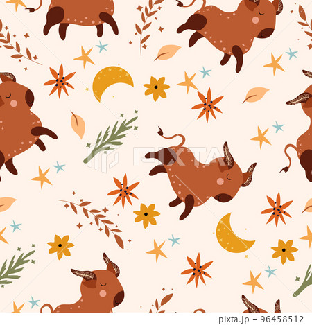 Seamless patterns with Taurus, colorful flowers, leaves and stars. Astrological Taurus zodiac. Bright astrological pattern can be used as textile, fabric, wallpaper, banner and other. Vector. Seamless patterns with Taurus, colorful flowers, leaves and stars. Astrological Taurus zodiac. Bright astrological pattern can be used as textile, fabric, wallpaper, banner and other. Vector. 96458512