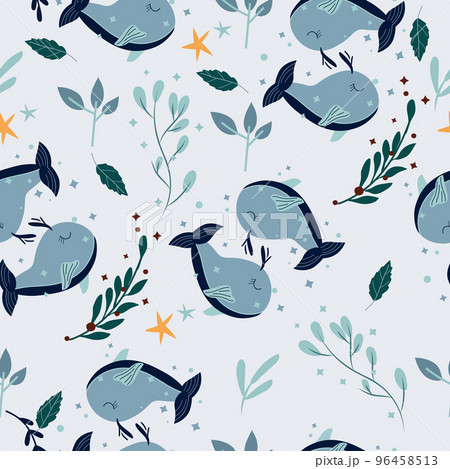 Seamless patterns with Pisces, colorful leaves and stars. Astrological Pisces zodiac. Bright astrological pattern can be used as textile, fabric, wallpaper, banner and other. Vector. 96458513