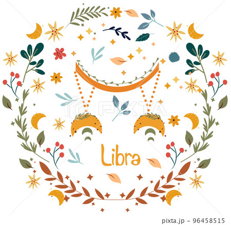 Libra Zodiac with a colorful wreath of leaves, flowers stars around. Astrological Libra zodiac perfect for posters, logo, cards. Vector illustration 96458515