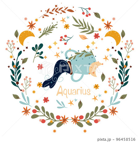 Aquarius Zodiac in a colorful wreath of leaves, flowers and stars around. Astrological Aquarius zodiac perfect for posters, logo, cards. Vector illustration Aquarius Zodiac in a colorful wreath of leaves, flowers and stars around. Astrological Aquarius zodiac perfect for posters, logo, cards. Vector illustration 96458516