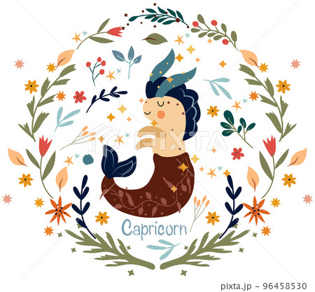 Capricorn Zodiac in a colorful wreath of leaves, flowers and stars around. Capricorn perfect for posters, logo, cards. Astrological Capricorn zodiac. Vector illustration. Capricorn Zodiac in a colorful wreath of leaves, flowers and stars around. Capricorn perfect for posters, logo, cards. Astrological Capricorn zodiac. Vector illustration. 96458530