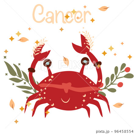 Cancer astrological sign. Cute Zodiac sign with colorful leaves and stars around. Cute Cancer perfect for posters, logo, cards. Vector illustration 96458554