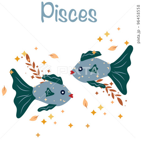Pisces astrological sign. Funny Zodiac sign with colorful leaves and stars around. Pisces perfect for posters, logo, cards. Vector illustration Pisces astrological sign. Funny Zodiac sign with colorful leaves and stars around. Pisces perfect for posters, logo, cards. Vector illustration 96458558