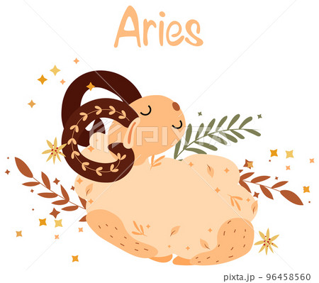 Aries astrological sign. Cute Zodiac sign with colorful leaves and stars around. Cute Aries perfect for posters, logo, cards. Vector illustration Aries astrological sign. Cute Zodiac sign with colorful leaves and stars around. Cute Aries perfect for posters, logo, cards. Vector illustration 96458560