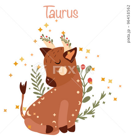 Taurus astrological sign. Cute Zodiac sign with colorful leaves and stars around. Cute Taurus perfect for posters, logo, cards. Vector illustration 96458562