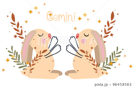 Gemini astrological sign. Cute Zodiac sign with colorful leaves and stars around. Cute Gemini perfect for posters, logo, cards. Vector illustration 96458563